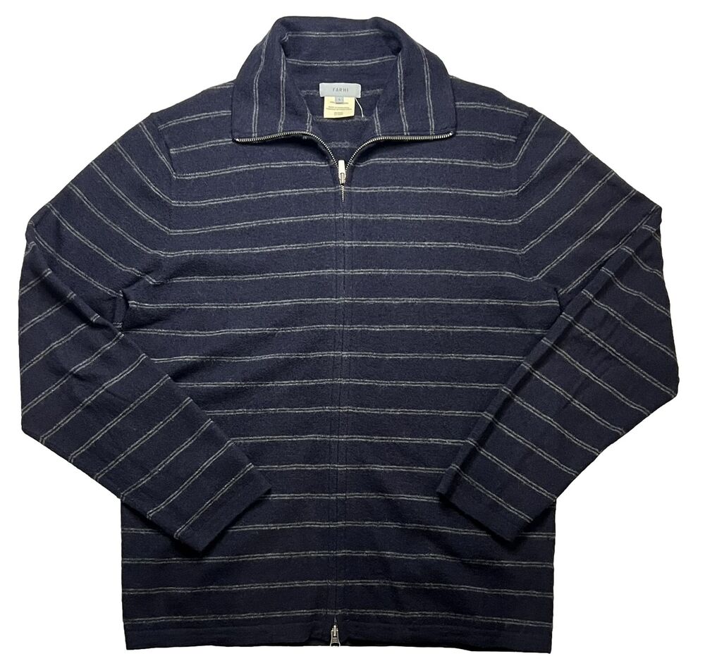 Vintage FARHI 100% Wool Full Zip Striped Sweater Size Large Navy